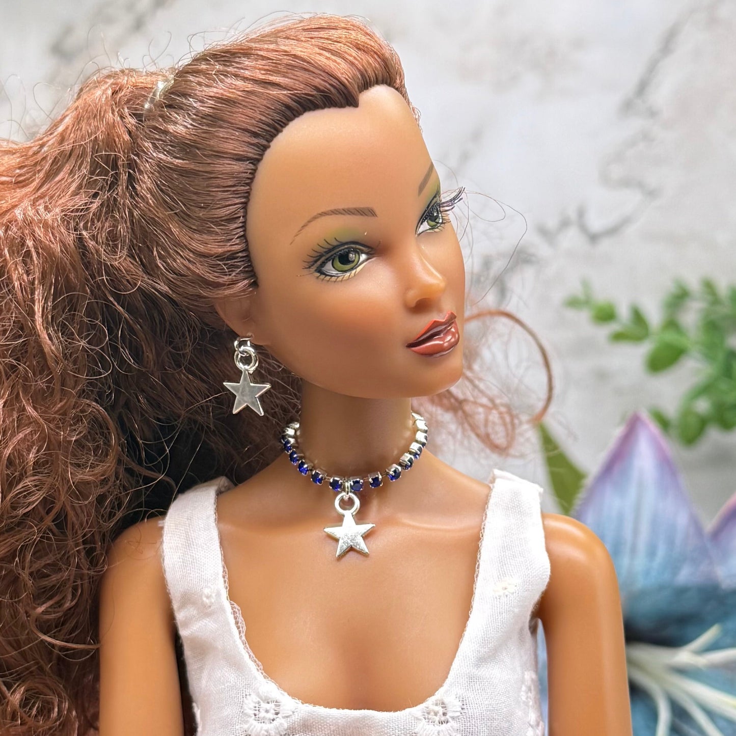Blue Rhinestone Silver Star Charm Doll Necklace & Earrings for 16 Inch Fashion Doll