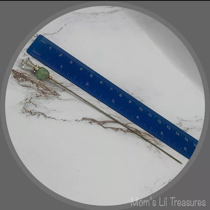 Green Glass Crystal - Gold Tone - Clear Rhinestone • 6” Pin • Hatpin - Stick Pin