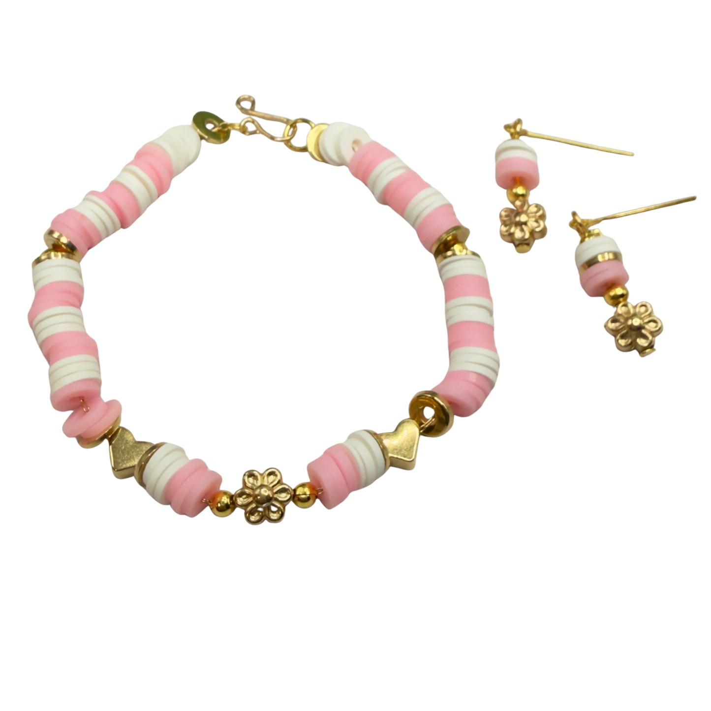 Pink White Disk Beaded Gold Flower Heart Doll Necklace & Earrings • 18 Inch Fashion Doll Jewelry