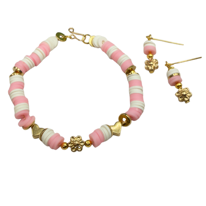 Pink White Disk Beaded Gold Flower Heart Doll Necklace & Earrings • 18 Inch Fashion Doll Jewelry