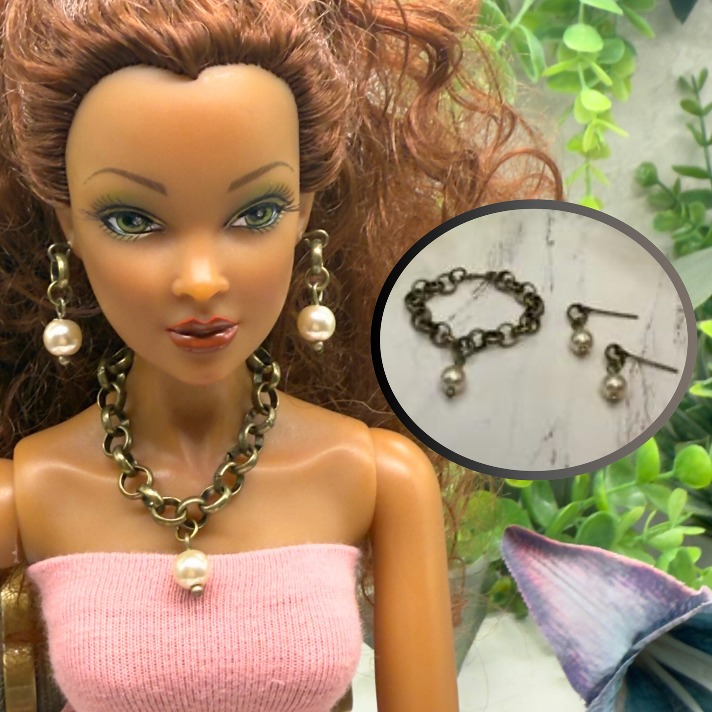 Brass Bronze Large Link Pearl Dangle Doll Necklace & Earrings Set • 16 Inch Fashion Doll Jewelry
