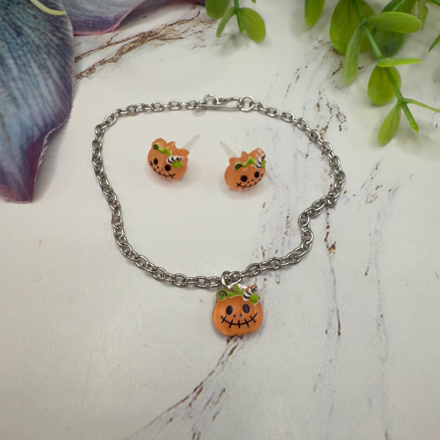 Pumpkin Halloween Acrylic Charm Doll Necklace and Earrings Set • 18 Inch Fashion Doll Jewelry