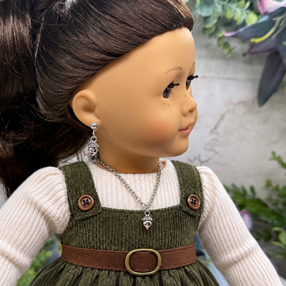 Acorn Harvest Autumn Charm Silver Doll Necklace and 2mm Post Earrings Set | for 18 Inch Fashion Doll • American Girl