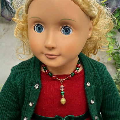 Green & Pinkish Red Pearly Bead Gold Chain Christmas Doll Necklace • 18 Inch Fashion Doll Jewelry