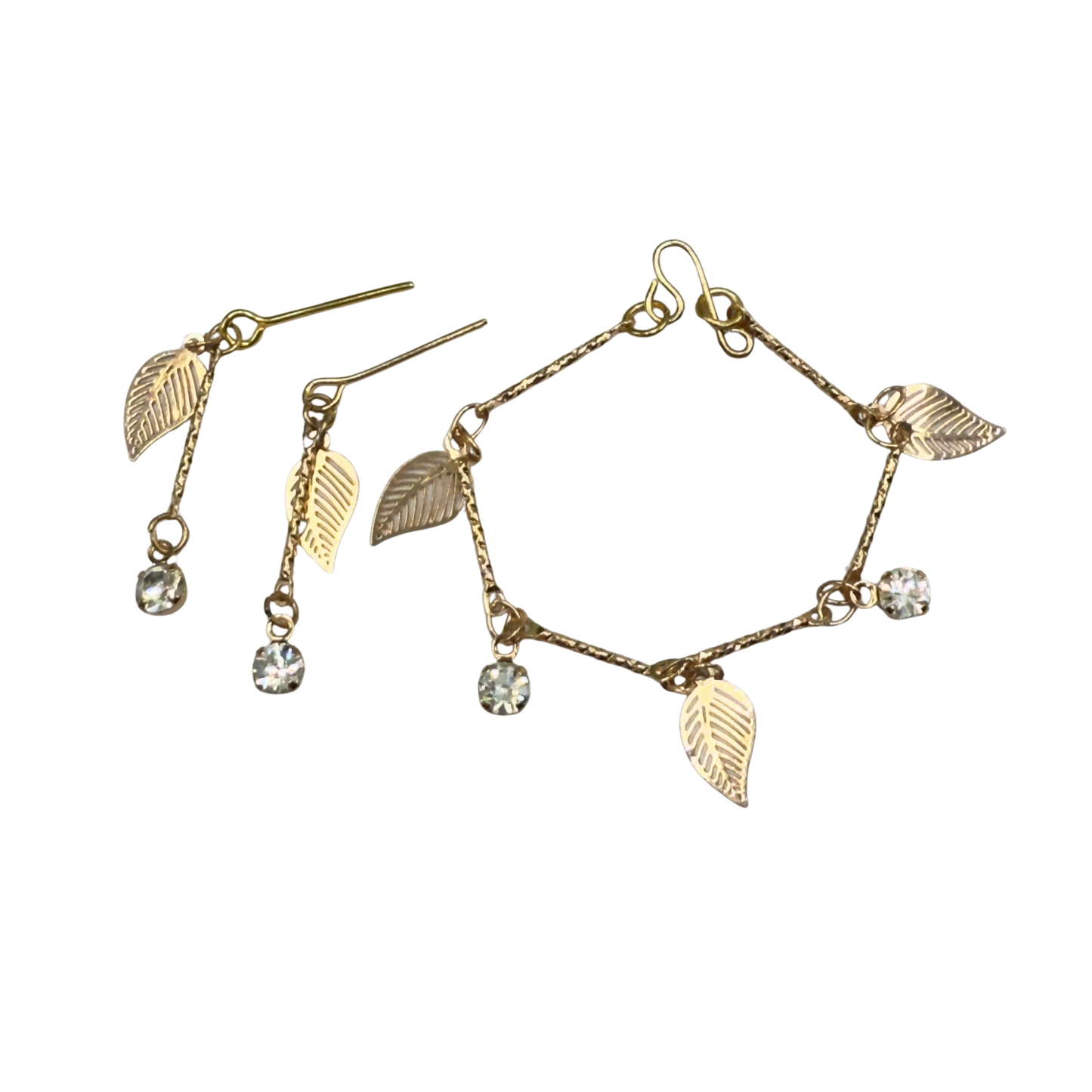 Gold Leaf Clear Rhinestone Dangles Gold Doll Necklace & Earrings • 16 Inch Fashion Doll Jewelry