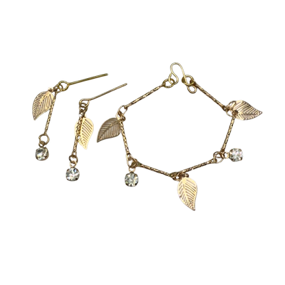 Gold Leaf Clear Rhinestone Dangles Gold Doll Necklace & Earrings • 16 Inch Fashion Doll Jewelry