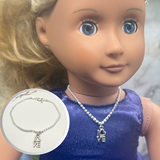 Silver Love Charm Pearl Cup Chain Doll Necklace • 18 Inch Fashion Doll Jewelry