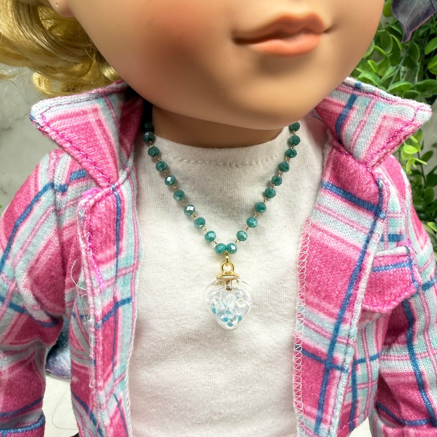 Clear Heart Charm W/ Crystals Turquoise Blue Glass Beaded Doll Necklace • 18 Inch Fashion Doll Jewelry