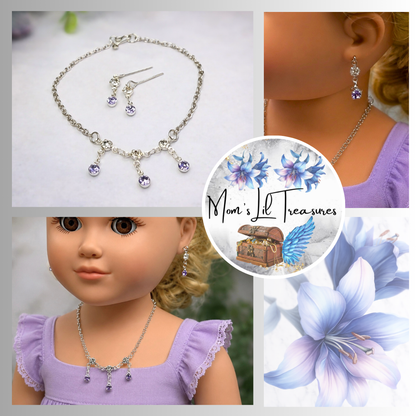 Light Misty Purple & Clear Rhinestone Silver Doll Necklace and Earrings Set for 18 Inch Fashion Dolls