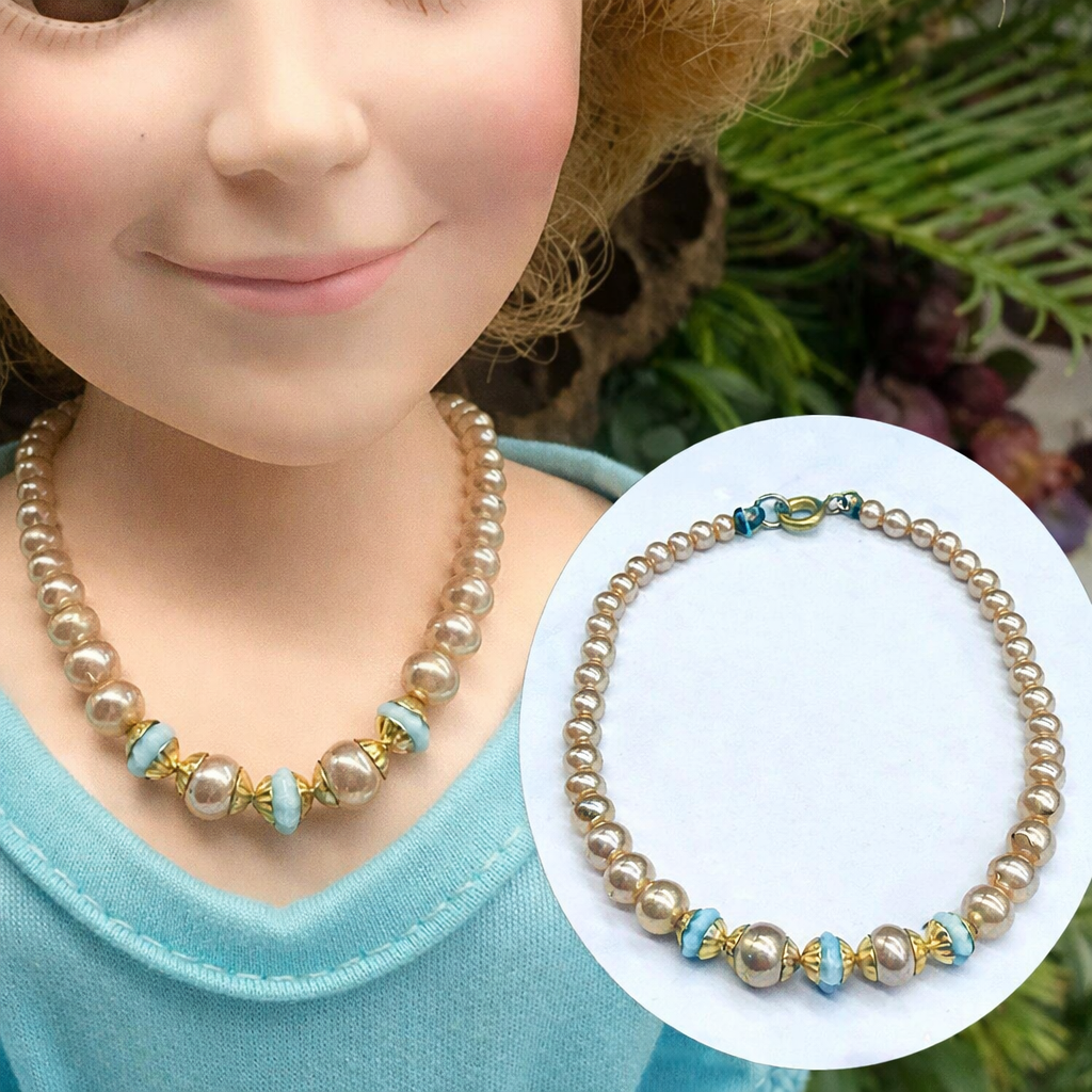 Pearl & Baby Blue Glass Bead Doll Necklace for 18-22” Vintage Doll Jewelry