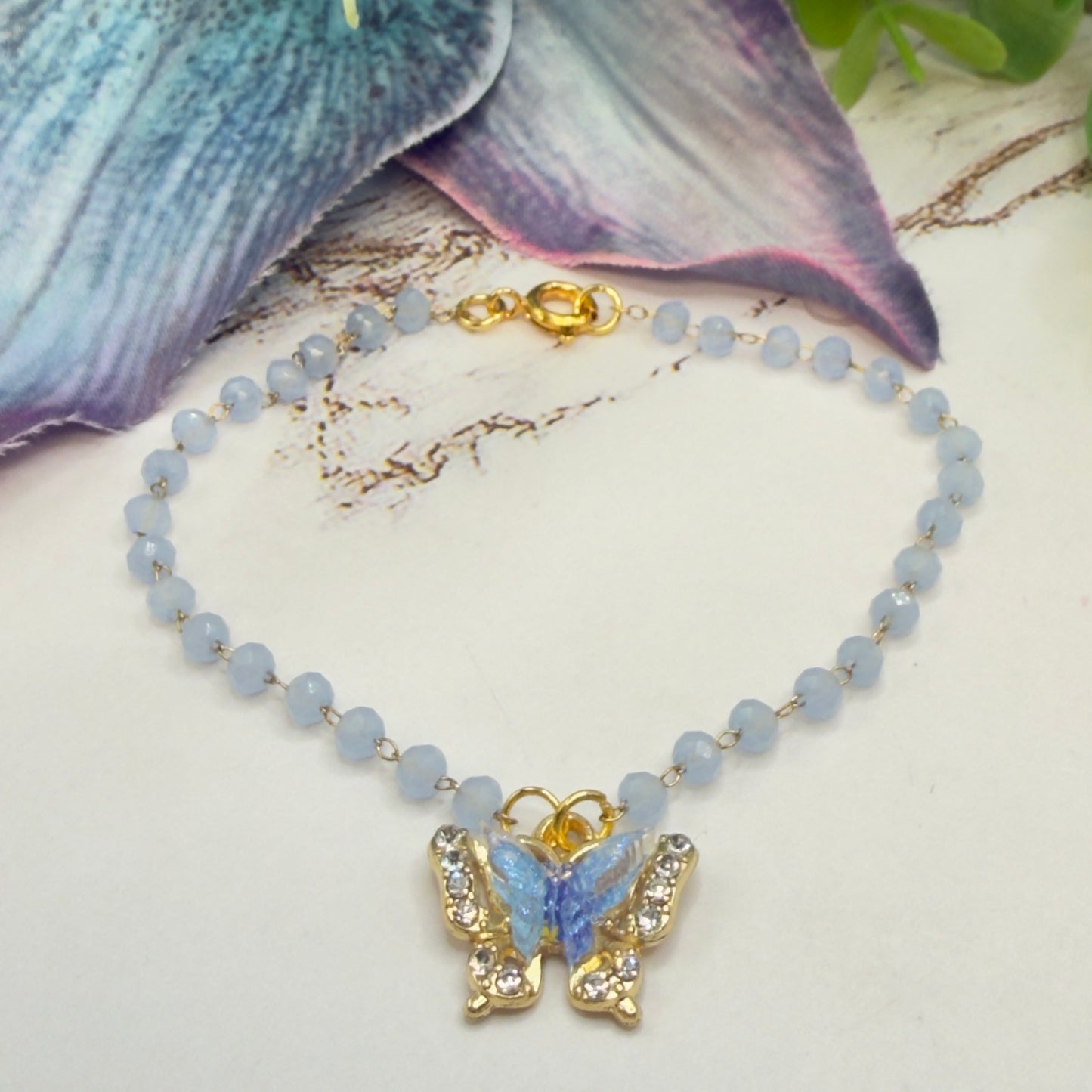 Blue Butterfly Rhinestone Accent Pendant Blue Glass Beaded Doll Necklace • 18 Inch Fashion Doll Jewelry