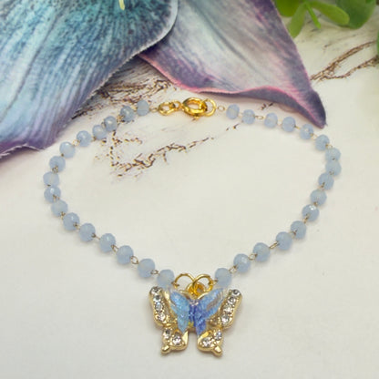 Blue Butterfly Rhinestone Accent Pendant Blue Glass Beaded Doll Necklace • 18 Inch Fashion Doll Jewelry