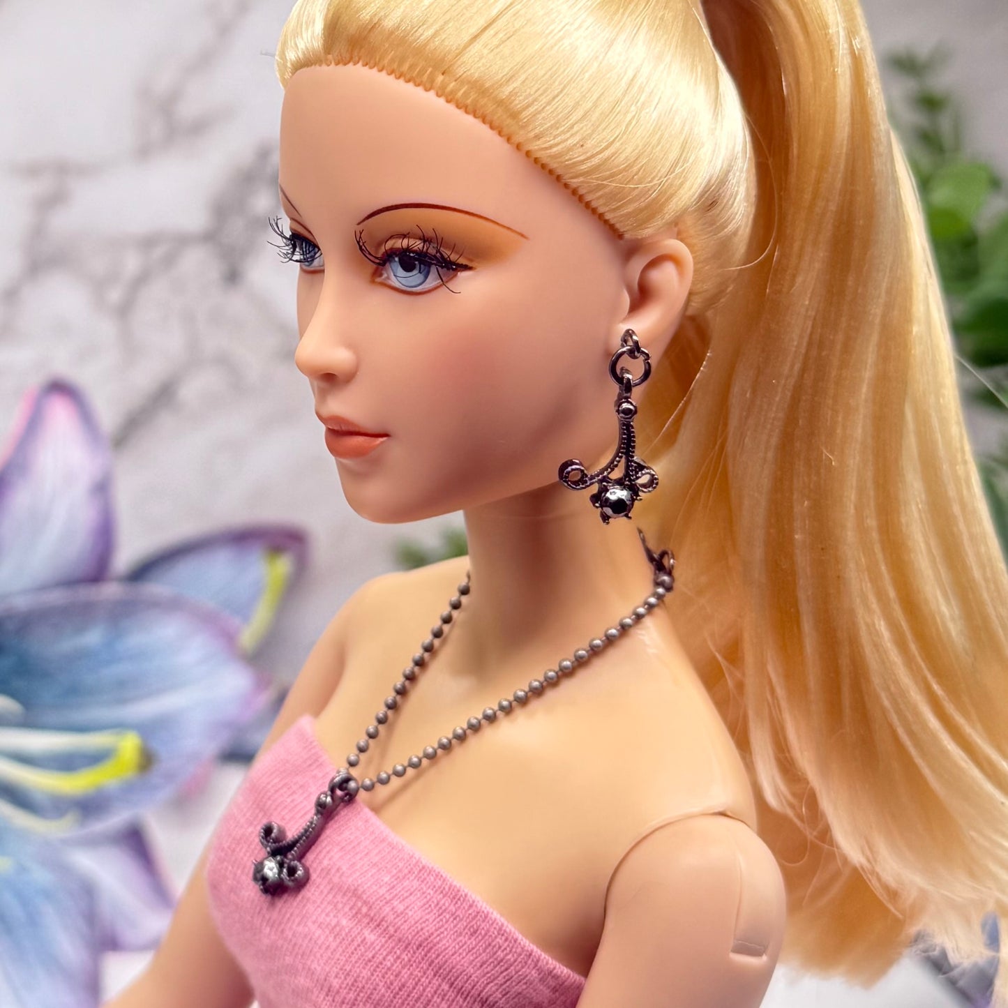 Black Dark Scroll Design Gray Metallic Rhinestone Ball Chain Doll Necklace & Earrings • 16 Inch Fashion Doll Jewelry