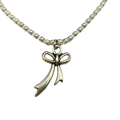Tiny Pearl Cup Chain Silver Necklace Silver Bow Ribbon Charm Doll Necklace for 18 Inch Fashion Doll Jewelry