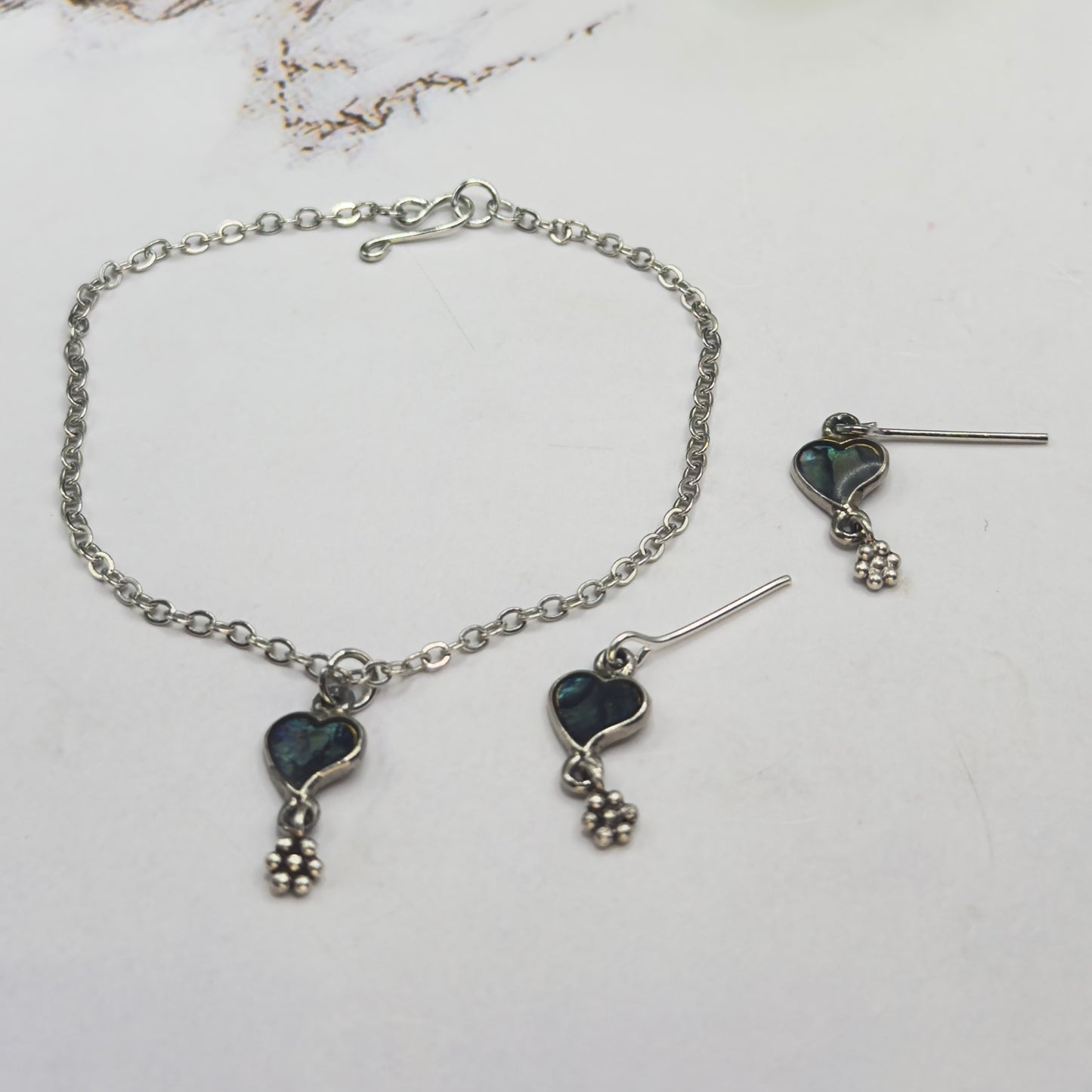 Abalone Silver Heart Dangle Doll Necklace & Earrings Set • 18 Inch Fashion Doll Jewelry