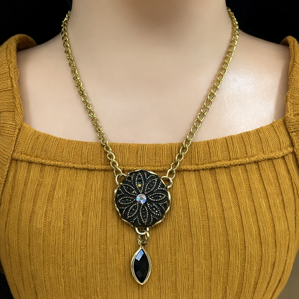 Black Dangle Medallion Style Gold Doll Necklace • 18 inch Fashion Doll Jewelry