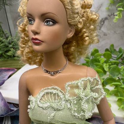 Silver Heart Clear Rhinestone Choker Chain Doll Necklace • 16” Doll Jewelry