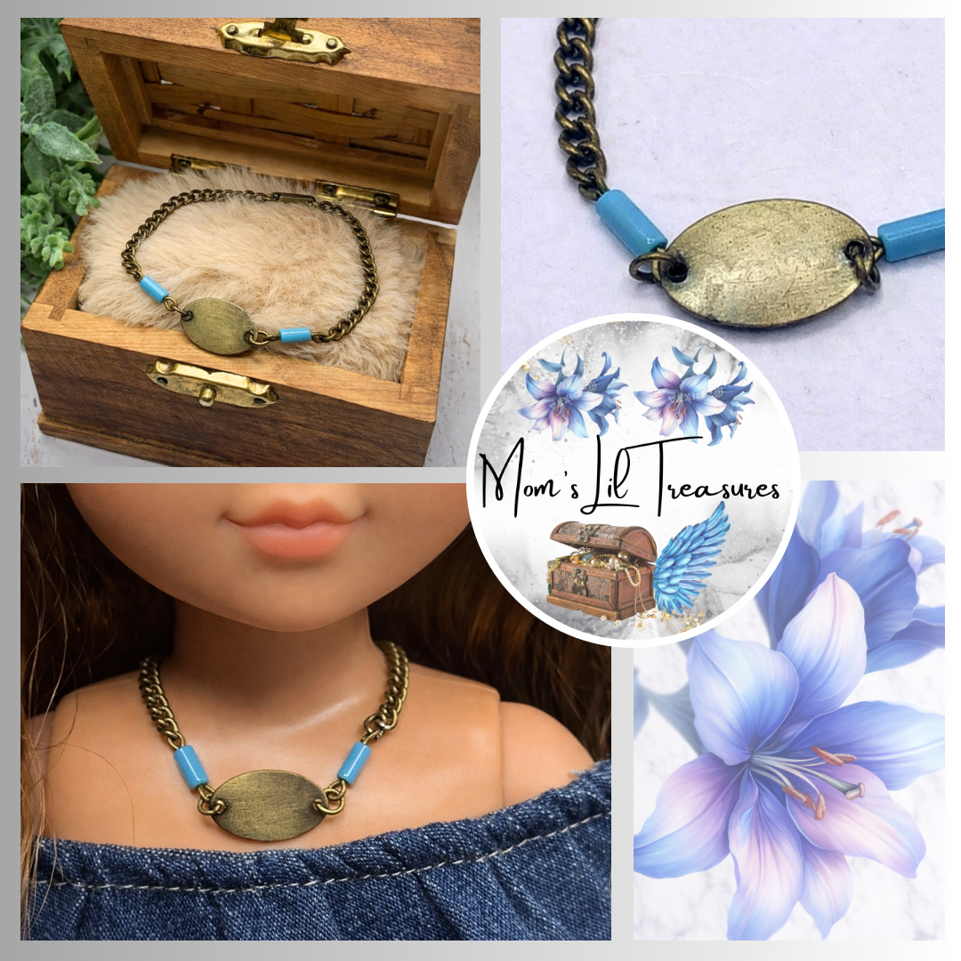 Turquoise Blue Brass Gold Oval Pendant Necklace for 14 inch Wellie Wisher Doll