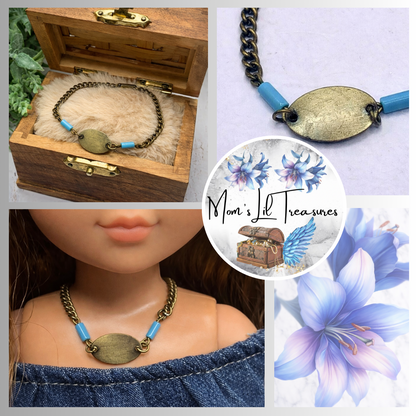 Turquoise Blue Brass Gold Oval Pendant Necklace for 14 inch Wellie Wisher Doll