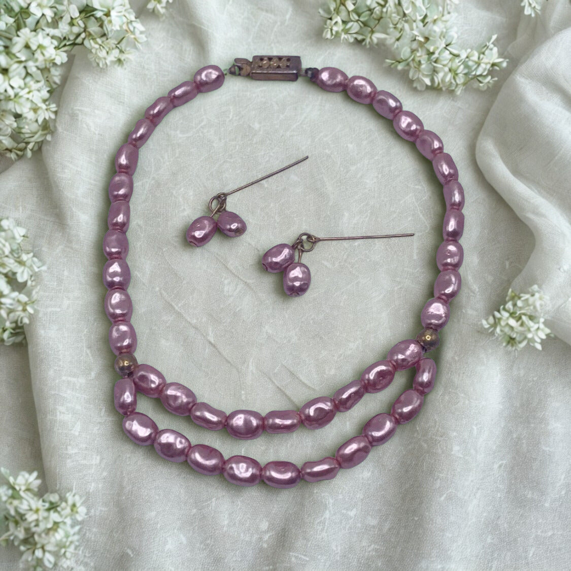 Light Purple Pearl Doll Necklace Earring Set • 18-22 Inch Vintage Doll Jewelry