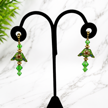 Fashion Green Crystal & Cloisonné Gold Tone Dangle Earrings - Post- Handmade