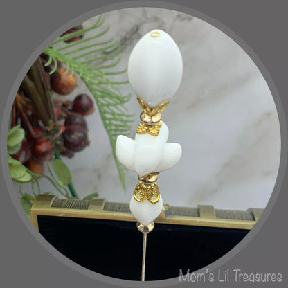 White Glass - Gold Tone  Filigree -  8” Pin • Hatpin - Stick Pin