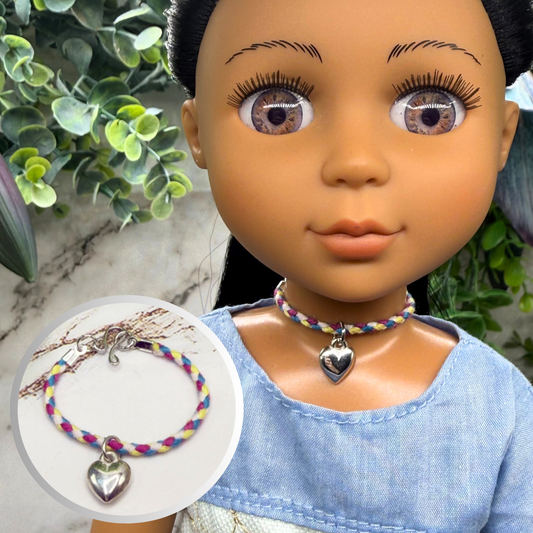 Braided Purple Blue Yellow Fabric Doll Necklace Silver Heart Charm • 14 Inch Fashion Doll Jewelry