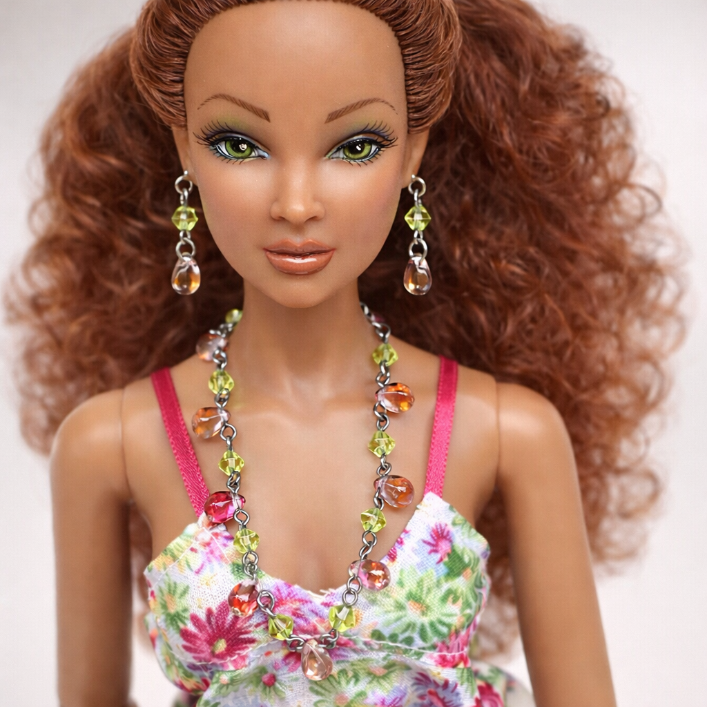 Purple Teardrop Green Glass Doll Necklace Earring Set • 16 Inch Doll Jewelry