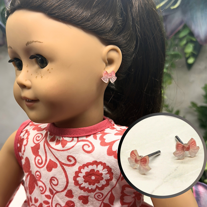 Translucent Pink Bow Post Doll Earrings •2mm Post fit 18 Inch Fashion Doll