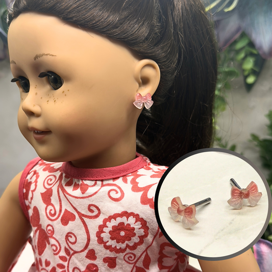 Translucent Pink Bow Post Doll Earrings •2mm Post fit 18 Inch Fashion Doll