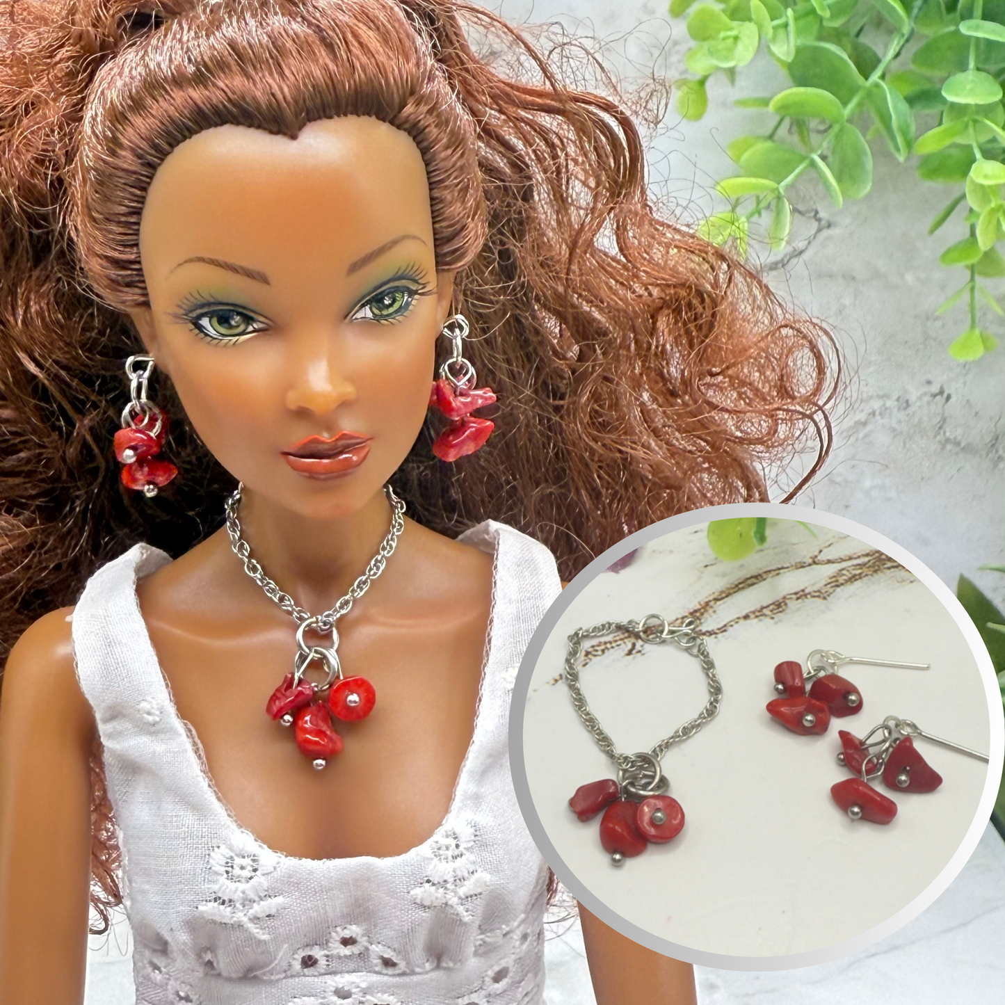 Red Stone Chip Dangle Doll necklace & Earrings • 16 Inch Fashion Doll Jewelry