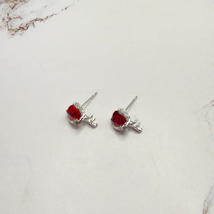 Red Rhinestone Heart Silver Key Design Post Doll Earrings • 18 Inch Fashion Doll Jewelry