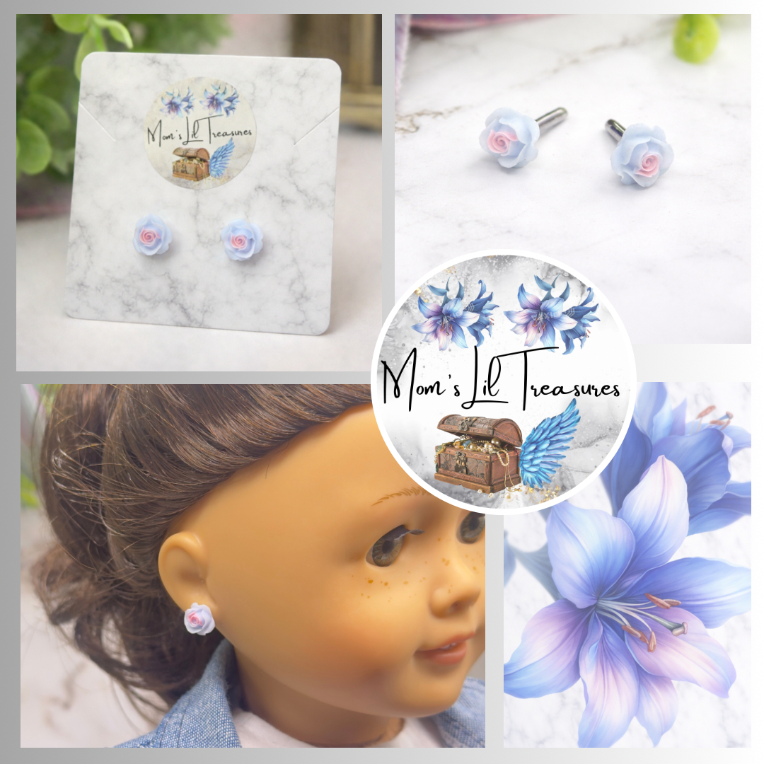 Blue PurplePink Rose Flower Post Doll Earrings • 2mm Post • for 18 Inch Fashion Doll