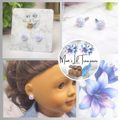 Blue PurplePink Rose Flower Post Doll Earrings • 2mm Post • for 18 Inch Fashion Doll