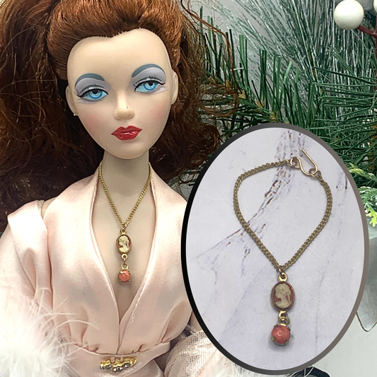 Coral Cameo Pendant Gold Chain Doll Necklace • 16” Fashion Doll Necklace