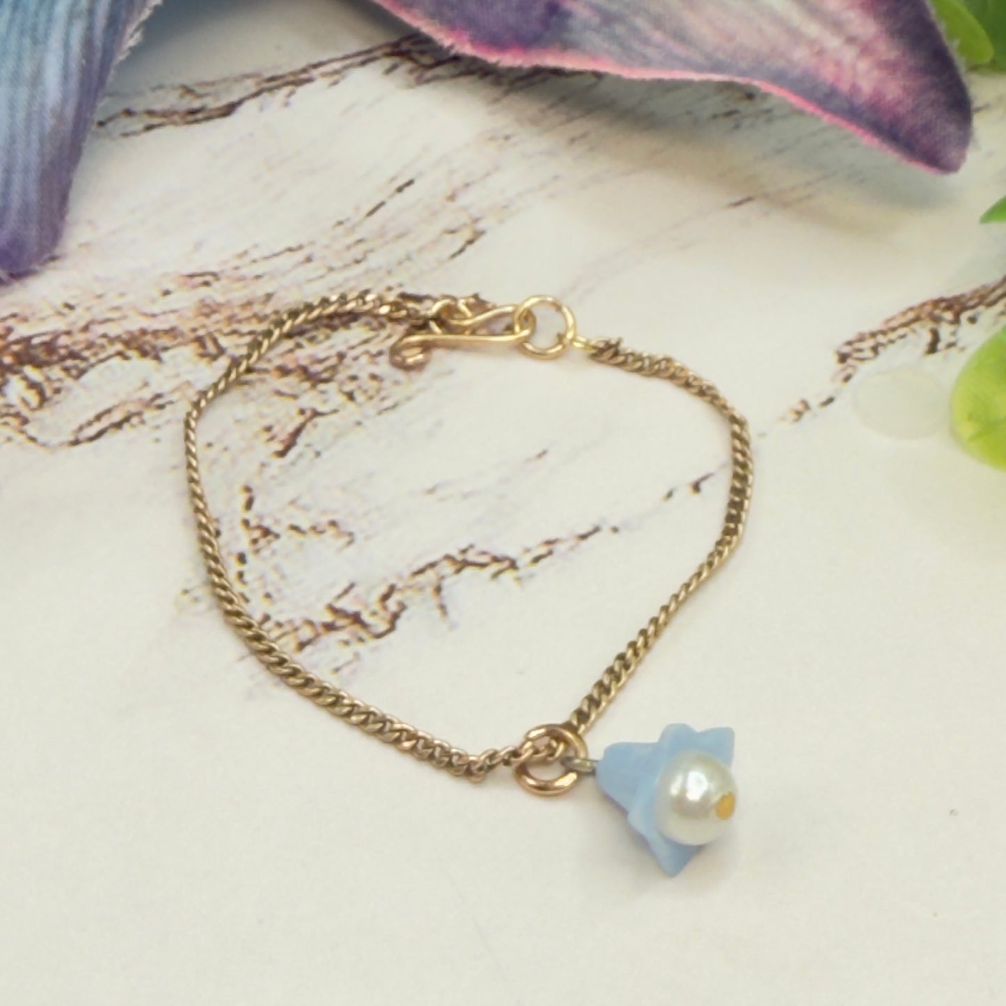 Blue Bell Flower Pearl Center Charm Gold Chain Doll Necklace • 14 Inch Fashion Doll Jewelry