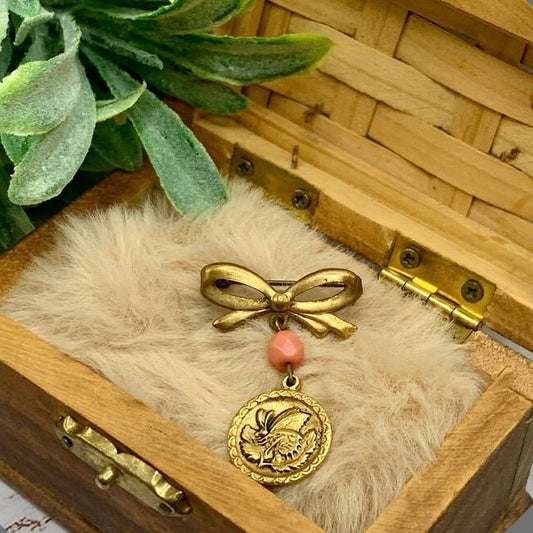 Gold Tone Bow Pin Pink Bead Gold Butterfly Flower Design Dangle • Doll Brooch