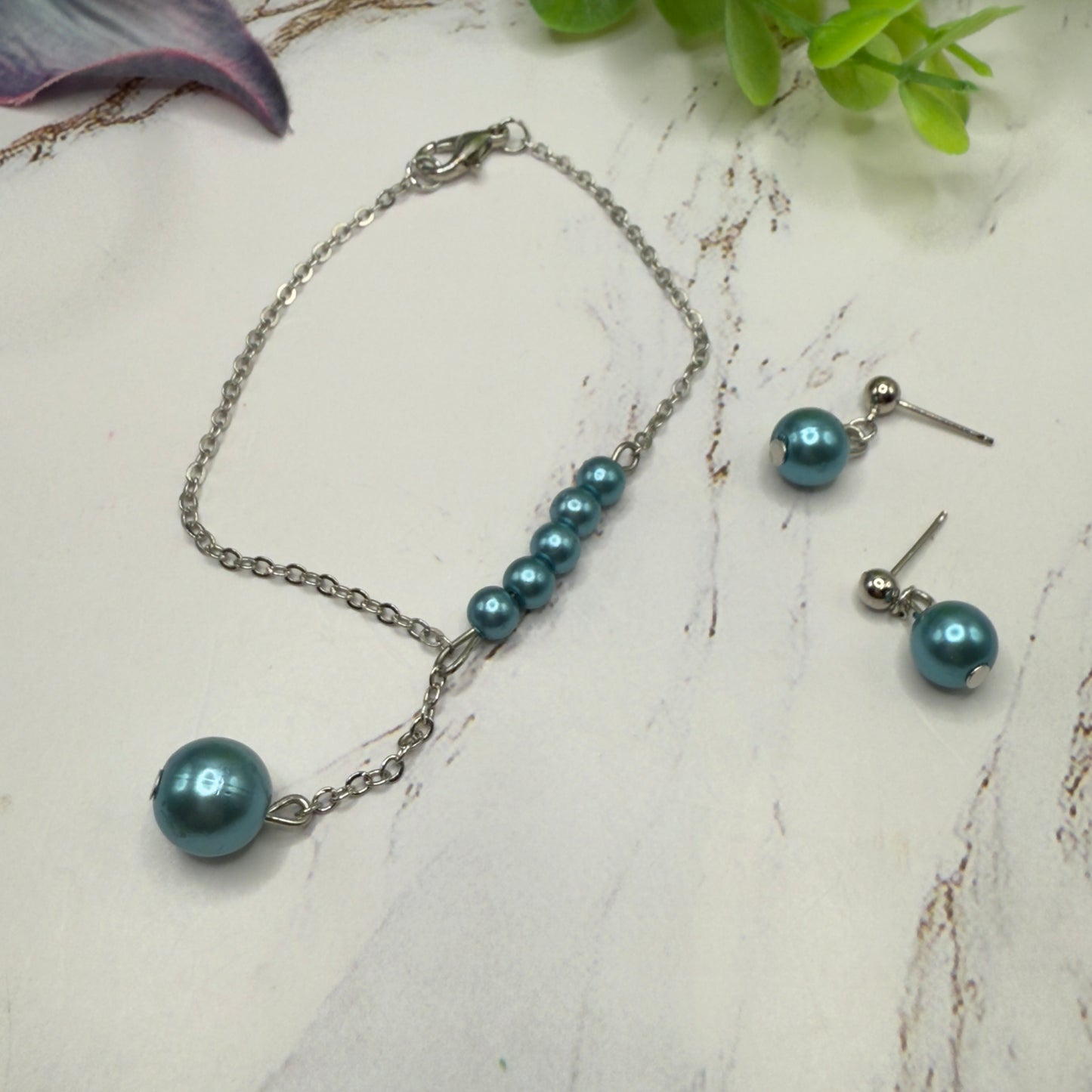 Turquoise Dusty Blue Pearl Drop Necklace & Earrings Set • 18 Inch Fashion Doll Jewelry
