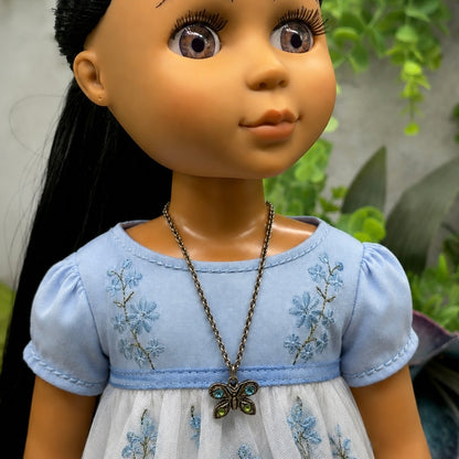 Butterfly Green Blue Rhinestone Pendant Gun Metal Silver Doll Necklace • 14 Inch Fashion Doll Jewelry
