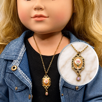 Rose Detail Pink Rhinestone Filigree Pendant Doll Necklace •18 Inch Doll Jewelry