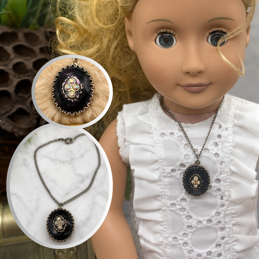 Oval Black Locket Rhinestone Detail Doll Necklace • 18 Inch Fashion Doll Jewelry
