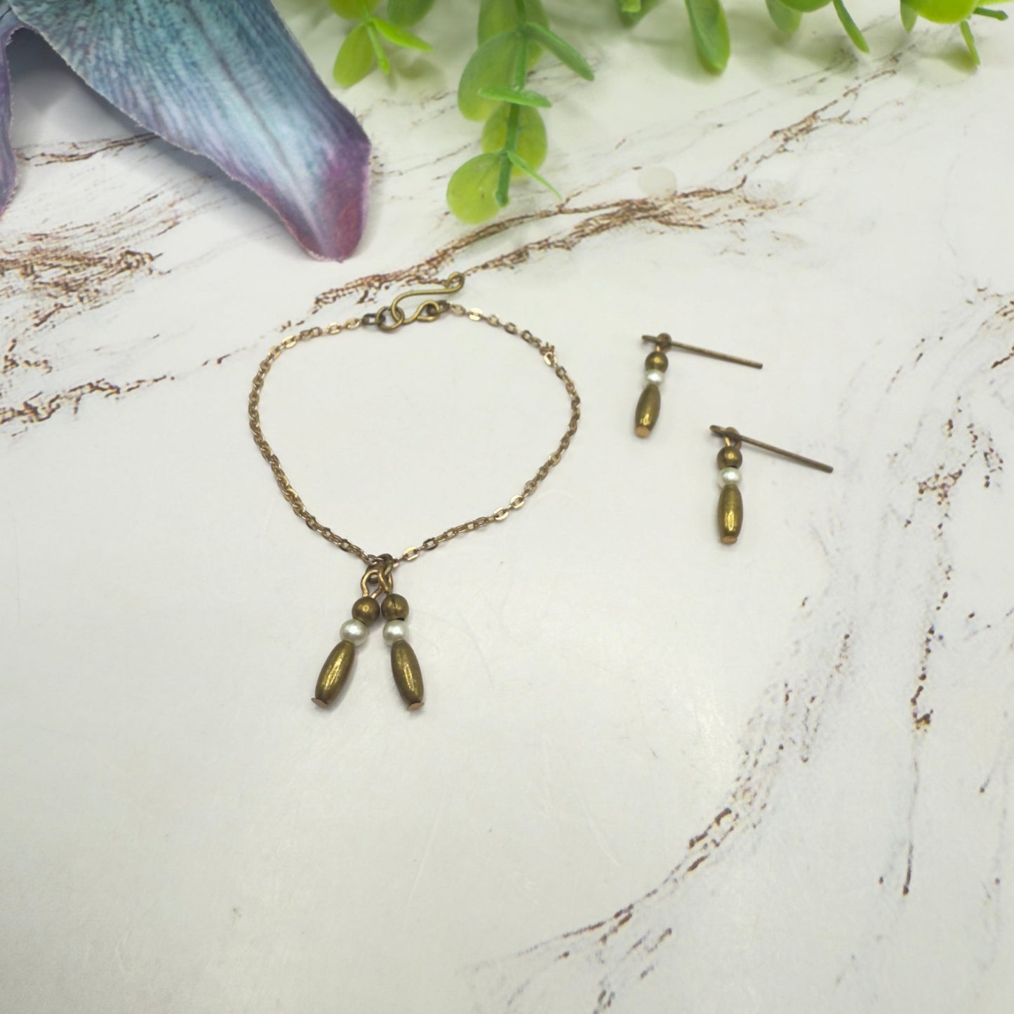 Bronze Brass Tone Pearl & Metal Bead Dangle Doll Necklace Earrings Set • 16 Inch Fashion Doll Jewelry