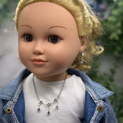 Light Misty Purple & Clear Rhinestone Silver Doll Necklace and Earrings Set for 18 Inch Fashion Dolls