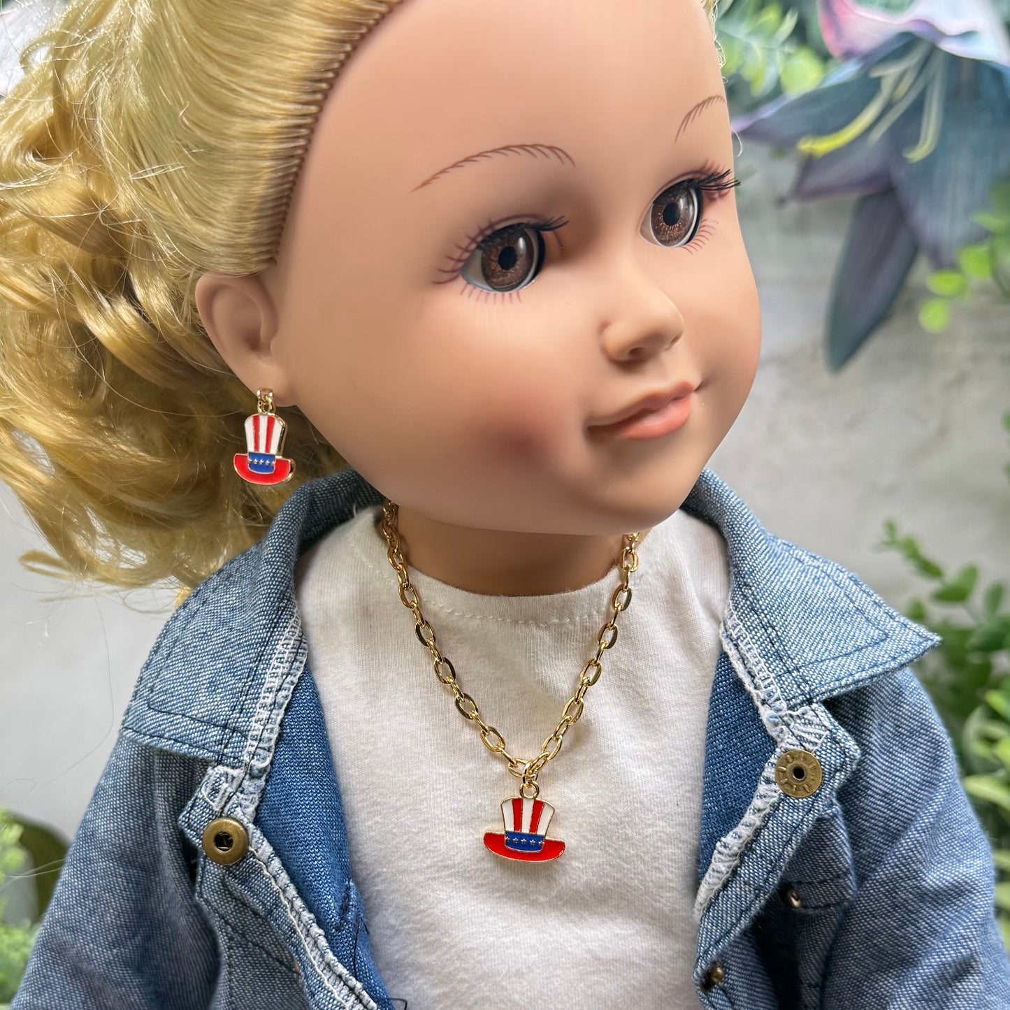 Red White Blue Patriotic Top Hat Charm Doll Necklace & Earrings for 18 Inch Fashion Doll