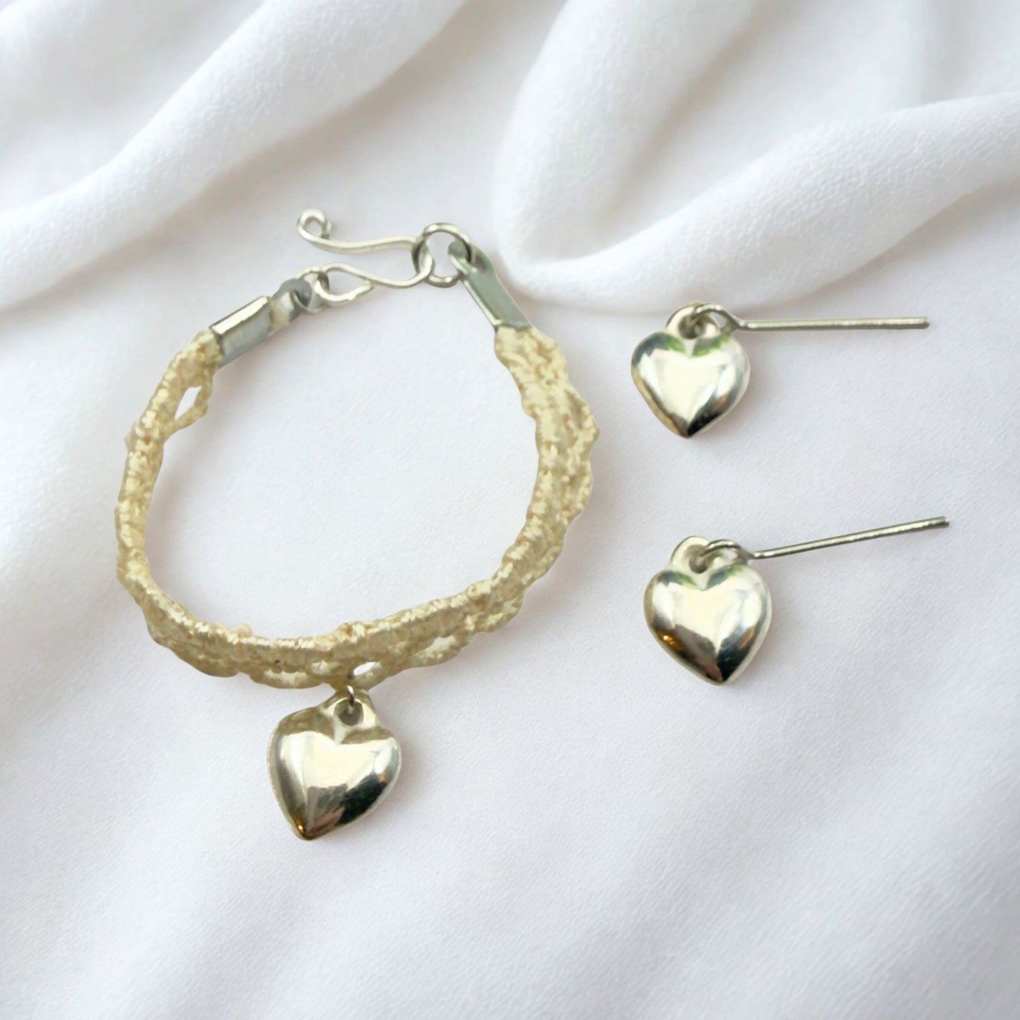 Beige Lace Choker Silver Heart Charm Doll Necklace & Earrings Set • 14 Inch Fashion Doll Jewelry