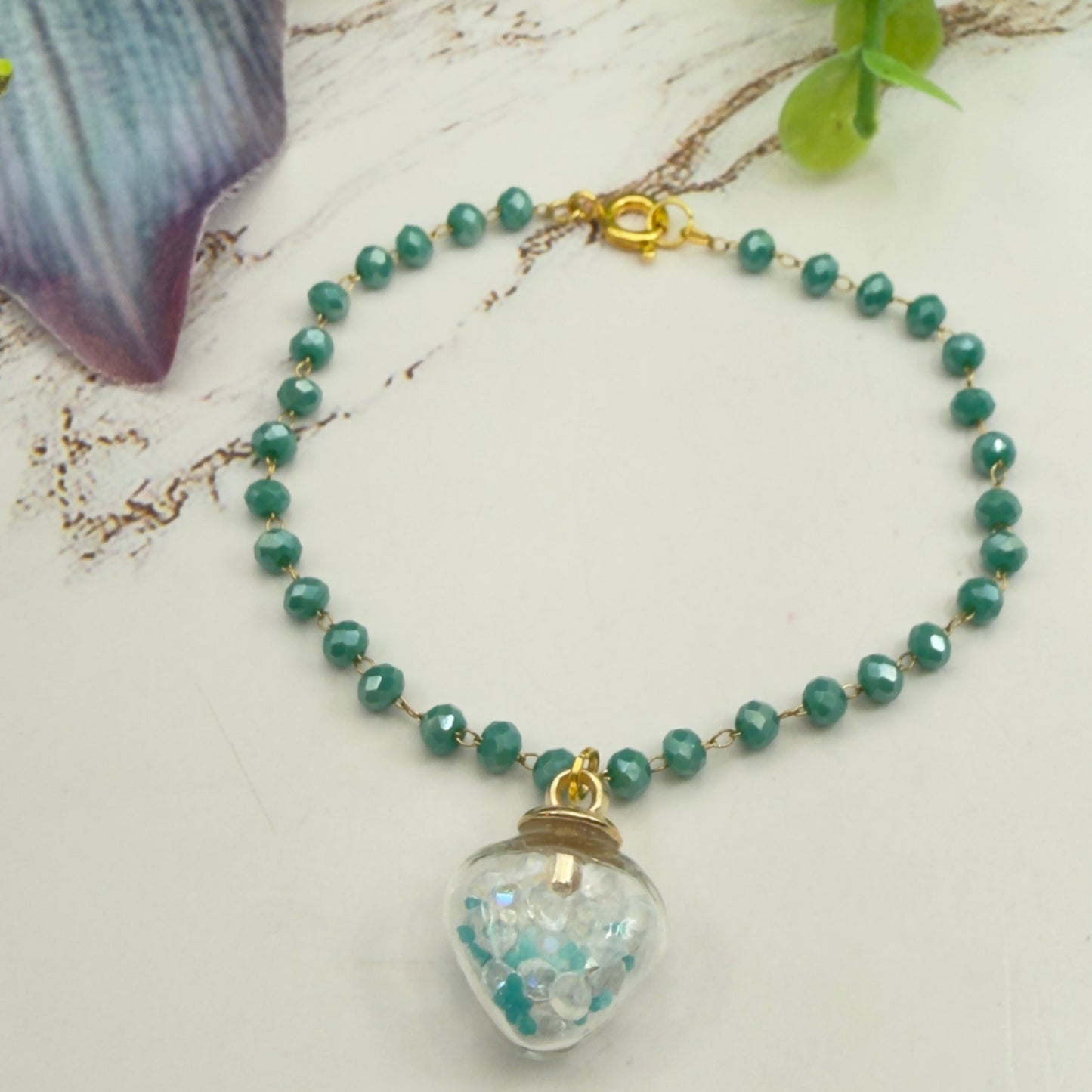 Clear Heart Charm W/ Crystals Turquoise Blue Glass Beaded Doll Necklace • 18 Inch Fashion Doll Jewelry