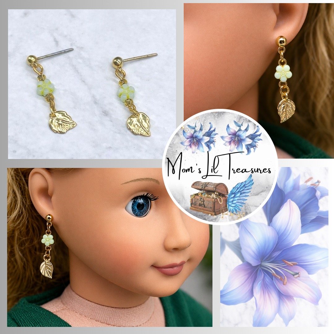 Light Green Flower Gold Leaf Dangle Doll Earrings for 18 Inch Doll Jewelry