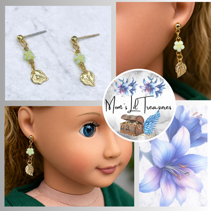 Light Green Flower Gold Leaf Dangle Doll Earrings for 18 Inch Doll Jewelry