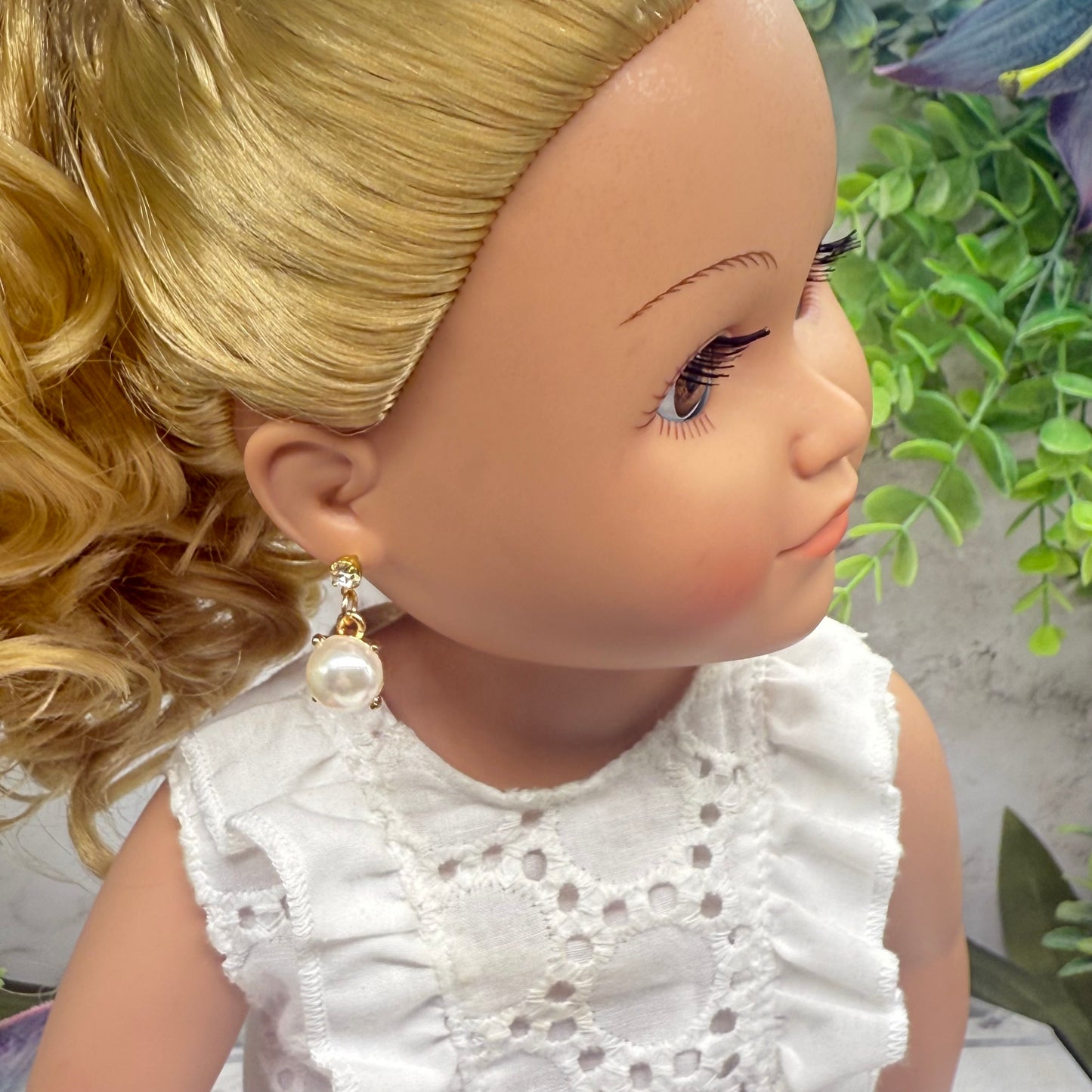 Round Pearl Dangle Clear Rhinestone Post Doll Earrings  • 18 Inch Fashion Doll Jewelry