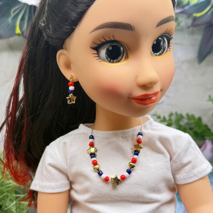 Red White Blue Beaded Americana Gold Star Heart Doll Necklace & Earrings Set for 18 Inch Fashion Doll